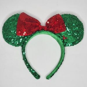 Disney Parks Green Sequin Minnie Ears Holiday Christmas Red Bow